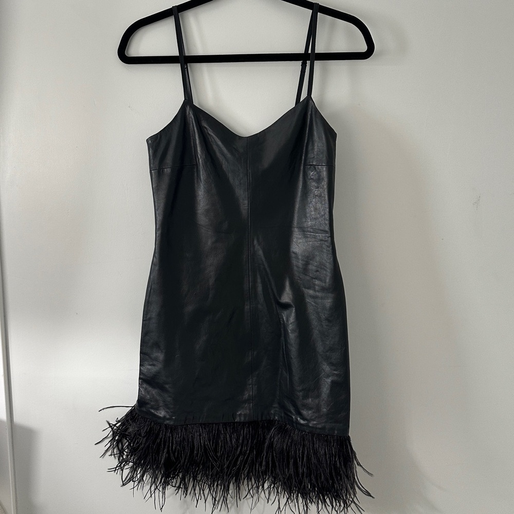 La Marque- Abella 100% leather slip dress with feather trim